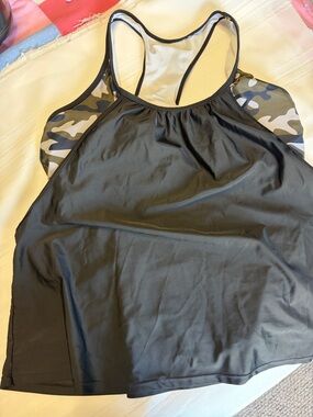 SHEIN Black Swim Tank with Green Camo Side Panels